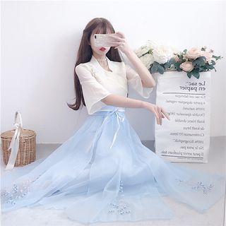 Set Embroidered + High-waist Mesh Semi Skirt