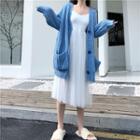 Cable-knit Boxy Buttoned Cardigan / Strappy Midi Mesh Overlay A-line Dress
