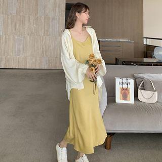 Spaghetti Strap A-line Midi Dress / Sheer Shirt Jacket