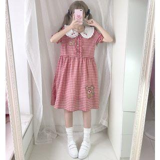 Bear Embroidered Plaid Collared Short Sleeve Dress