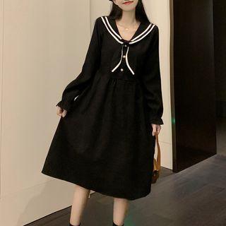 Long-sleeve Sailor Collar Contrast Trim Midi A-line Dress