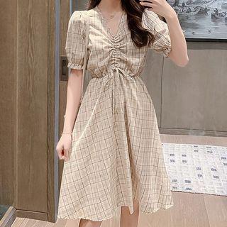 Short-sleeve Plaid Drawstring A-line Dress
