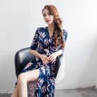 3/4-sleeve Leaf Print Wrap Knit Dress