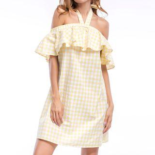 Plaid Ruffle Trim Off Shoulder Short Sleeve Dress