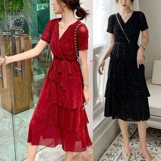 Short Sleeve V-neck Glitter Dress