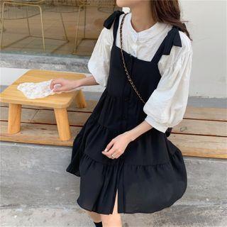 Elbow-sleeve Plain Top / Plain Spaghetti-strap Dress