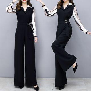 Long-sleeve Open-collar Wide Leg Jumpsuit