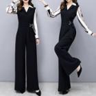 Long-sleeve Open-collar Wide Leg Jumpsuit