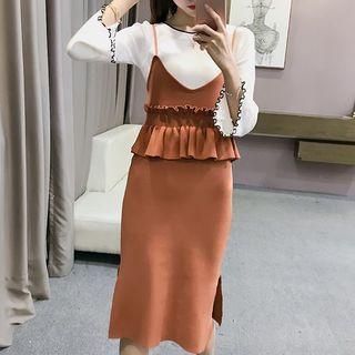 Ruffle 3/4-sleeve Knit Top / Strappy Knitted Midi Dress