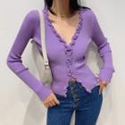 Long-sleeve Frill Trim Knit V-neck Top