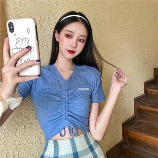 Short-sleeve Lettering Drawstring Crop Top / Plaid Mini Pencil Skirt
