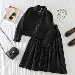 Long-sleeve Plain Blazer / High-waist Striped A-line Skirt