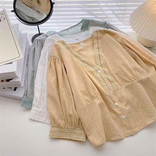 Long-sleeve V-neck Lace-trim Top