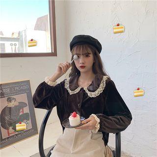 Long-sleeve Lace Trim Velvet Shirt