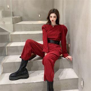 Corduroy Long-sleeve Jumpsuit With Belt