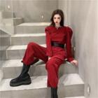 Corduroy Long-sleeve Jumpsuit With Belt