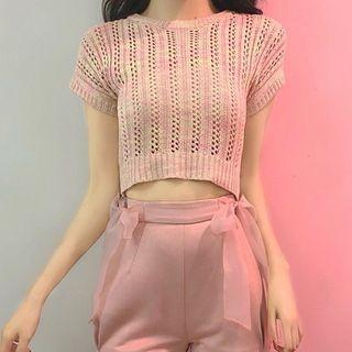 Cropped Short-sleeve Knit Top / Bow Accent Shorts