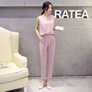 Set: Sleeveless V-neck Plain Top + Plain Pants