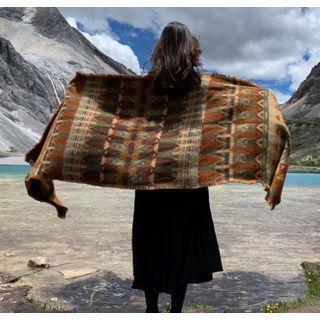 Fringed Rustic Print Shawl Dark Greenish Coffee - One Size