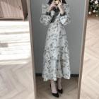 Long-sleeve Floral Print Lace Trim Midi A-line Dress Dark Color - One Size
