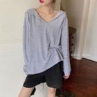 V Neck Plain Hooded Long-sleeve Top As Shown In Figure - One Size
