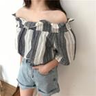 Off Shoulder 3/4 Sleeve Striped Ruffled Blouse