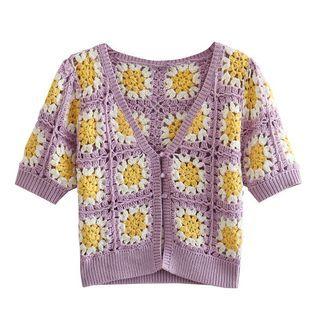 Short-sleeve Crochet Button-up Knit Top