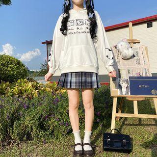 Cat Print Hoodie / Plaid Pleated Mini A-line Skirt