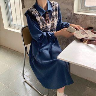 Set Of 2: Long-sleeve Dress + Vest