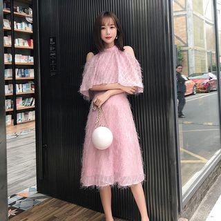Elbow-sleeve Cold-shoulder Midi A-line Dress