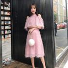 Elbow-sleeve Cold-shoulder Midi A-line Dress