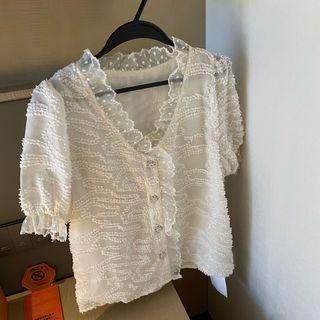 Short-sleeve Lace Trim Button-up Top Beige - One Size