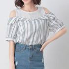Striped Cut Out Shoulder Short Sleeve Top
