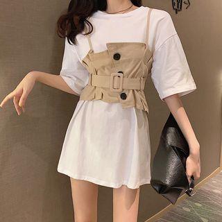 Set: Buttoned Buckle Detail Cropped Camisole Top + Crew-neck Elbow-sleeve Mini T-shirt Dress