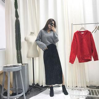 Accordion-pleat Long Velvet Skirt