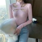 Long-sleeve Cutout T-shirt Pink - One Size