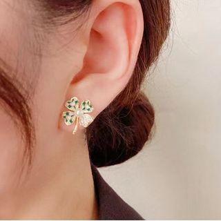 Clover Rhinestone Glaze Alloy Earring 1 Pair - Green & White & Gold - One Size