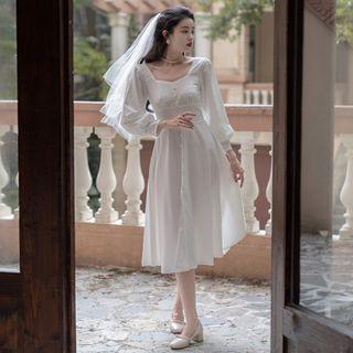 Lantern-sleeve Midi A-line Dress / Veil