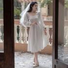 Lantern-sleeve Midi A-line Dress / Veil