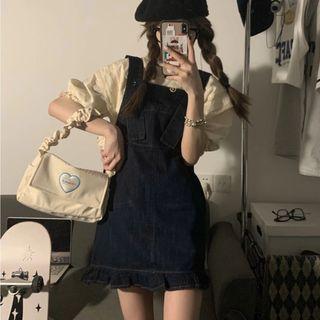 Square Neck Plain Frill Trim Denim Mini Jumper Dress