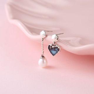 Asymmetrical Faux Pearl Heart Drop Earring 1 Pair - Silver - One Size