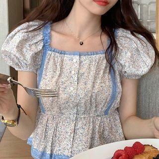 Short-sleeve Floral Lace Trim Flowy Blouse White - One Size