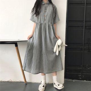Gingham Elbow-sleeve Midi A-line Shirtdress