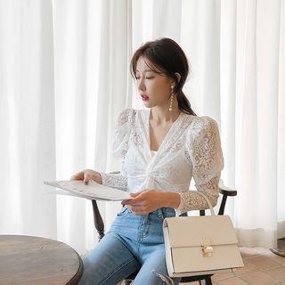 Knotted See-through Lace Blouse