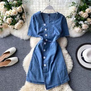 Square-neck Short-sleeve Denim Mini A-line Dress