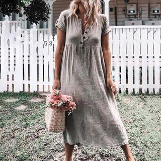 Short-sleeve Placket Midi Dress