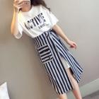 Set: Lettering Short-sleeve T-shirt Dress + Striped A-line Skirt