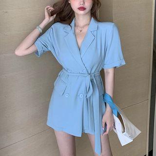 Double-breasted Lapel Mini Dress With Sash Blue - One Size