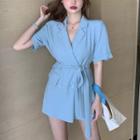 Double-breasted Lapel Mini Dress With Sash Blue - One Size
