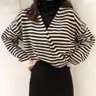 Striped V-neck Sweater / Turtleneck Long-sleeve T-shirt / Midi Straight-fit Skirt